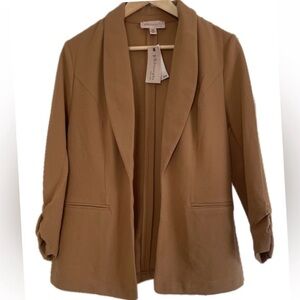 NWT Philosophy Lightweight Open Blazer Ruched Sleeves Textured, Tan